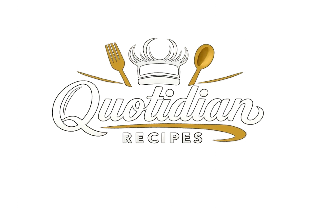 Elegant Quotidian Recipes footer logo in white and gold on a dark black website footer background